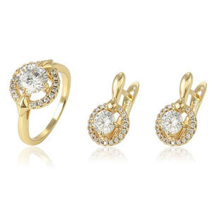 Simulated Diamonds Halo Earrings and Ring Set 18k Gold Plated